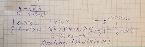 Решить подробно найдите область определения функции у=корень х-3 дробная черта корень 16-x^2