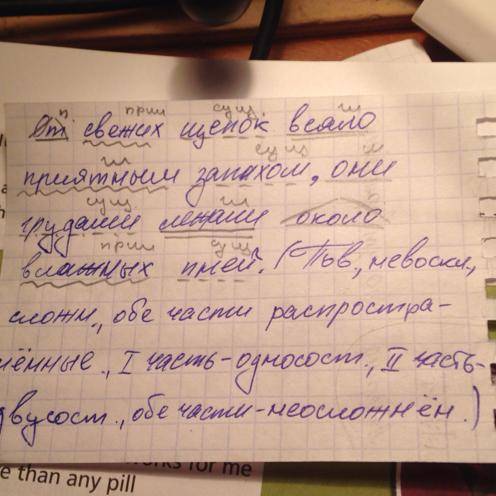 Синтаксический разбор предложения от свежих щепок веяло приятным запахом ,они лежали около влажных