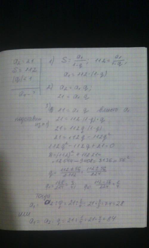 Вбесконечно убывающей прогрессии известен 2-й член a2 = 21 и сумма s = 112. найдите её 1-й член.