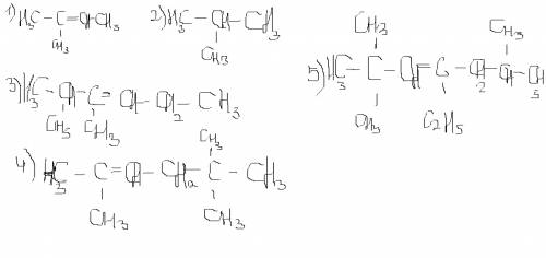 Напишите структурные формулы углеводородов: 1)2-метилбутен-2 2)2-метилпропен 3)2,3-диметилгексен-3 4