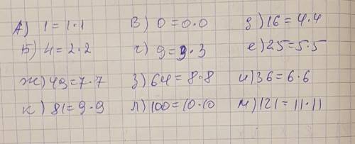 Запишите число в виде произведение двух равных множителей: а)1 б)4 в)0 г)9 д)16 е)25 ж)49 з)64 и)36