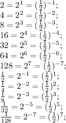 2=2^1=( \frac{1}{2} )^{-1}; \\ 4=2^2=( \frac{1}{2} )^{-2}; \\ 8=2^3=( \frac{1}{2} )^{-3}; \\ 16=2^4=( \frac{1}{2} )^{-4}; \\ 32=2^5=( \frac{1}{2} )^{-5}; \\ 64=2^6=( \frac{1}{2} )^{-6}; \\ 128=2^7=( \frac{1}{2} )^{-7}; \\ \frac{1}{2} =2^{-1}=( \frac{1}{2} )^{1}; \\ \frac{1}{4} =2^{-2}=( \frac{1}{2} )^{2}; \\ \frac{1}{8} =2^{-3}=( \frac{1}{2} )^{3}; \\ \frac{1}{32} =2^{-5}=( \frac{1}{2} )^{5}; \\ \frac{1}{128} =2^{-7}=( \frac{1}{2} )^{7};