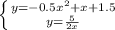 \left \{ {{y=- 0.5x^{2}+x+1.5 } \atop {y= \frac{5}{2x} }} \right.