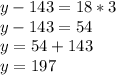 y -143 = 18 * 3 \\ y -143 = 54 \\ y=54+143 \\ y=197