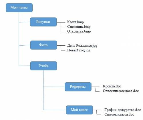 2. : нарисовать в тетради дерево папок по описанию, хранящейся в них информации. файлы коша.bmp, сне