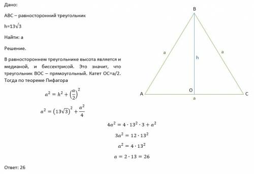 Высота равностороннего треугольника равна 13*√ 3. найти сторону треугольника