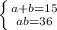 \left \{ {{a+b = 15} \atop {ab = 36}} \right.