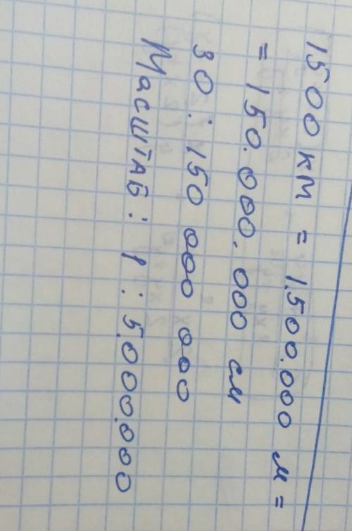 Расстояние между пекином и токио на карте равно 30 см, реально-1500 км. определите масштаб карты