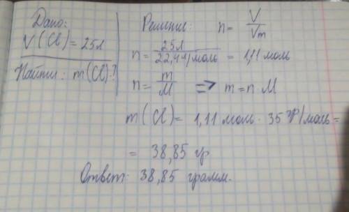 Найдите массу хлора которая образуется при взамодействии водорода с 25 литрами хлора. должно быть да