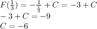 F( \frac{1}{3} )= -\frac{1}{ \frac{1}{3} } +C=-3+C \\ -3+C=-9 \\ C=-6