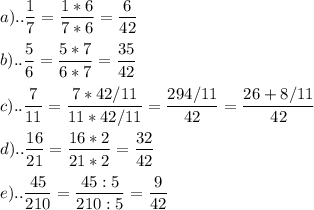 \displaystyle a)..\frac{1}{7}= \frac{1*6}{7*6}= \frac{6}{42} \\ \\ b).. \frac{5}{6}= \frac{5*7}{6*7}= \frac{35}{42} \\ \\ c)..\frac{7}{11}= \frac{7*42/11}{11*42/11}= \frac{294/11}{42}= \frac{26+8/11}{42} \\ \\ d)..\frac{16}{21}= \frac{16*2}{21*2}= \frac{32}{42} \\ \\ e).. \frac{45}{210}= \frac{45:5}{210:5}= \frac{9}{42}