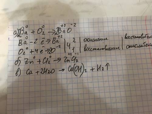 Составьте уравнение реакций взаимодействия: а) бария с кислородом; б) цинка с хлором; в) кальция с в