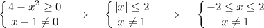 \displaystyle \left \{ {{4-x^2\geq0} \atop {x-1\ne 0}} \right.~~\Rightarrow~~~ \left \{ {{|x|\leq2} \atop {x\ne 1}} \right.~~~\Rightarrow~~~\left \{ {{-2\leq x\leq 2} \atop {x\ne 1}} \right.