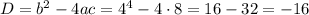 D = b^2-4ac = 4^4-4\cdot 8 = 16 - 32 = -16