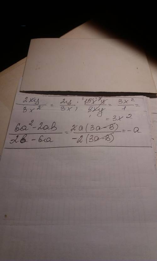 Сократите дробь: а) 2xy/3x^2 б) 15x^3y/5xy в) 6a^2-2ab/2b-6a / - дробная черта ^ - степень