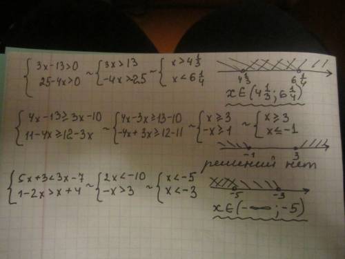 Решить систему неравенств система: 3x-13> 0 25-4x> 0 система: 4x-13 больше или равно 3x -10 11
