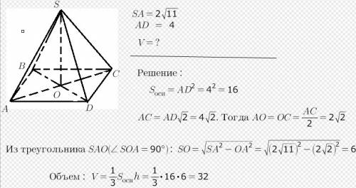 Найдите объём правильной четырёхугольной пирамиды, сторона основания которой равна 4, а боковое ребр