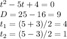 t^2-5t+4=0 \\ D=25-16=9 \\ t_1=(5+3)/2=4 \\ t_2=(5-3)/2=1