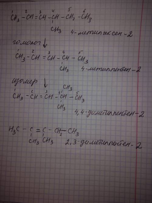 Сн3 – сн =сн–сн- сн2 – сн3 сн3(внизу где 4 по счёту ch) предложите формулу 1 гомолога и 1изомера. фо