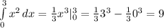 \int\limits^3_0 { x^{2} } \, dx = \frac{1}{3} x^{3} |_{0}^{3} = \frac{1}{3} 3^{3}-\frac{1}{3} 0^{3} = 9