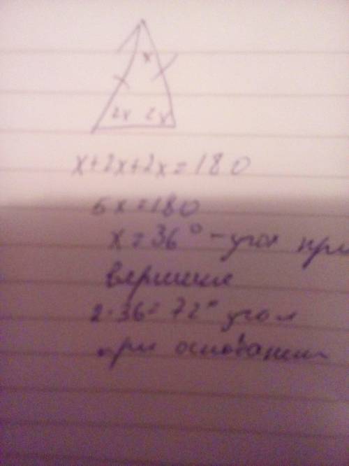 Угол при вершине равнобедренного треугольника в 2 раза меньше угла при основании. найдите все углы э