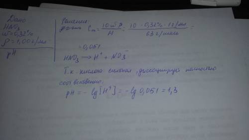 Вычислить рн растворов: раствор hno3, массовая доля 0,32 % плотность р-ра 1,00 г/мл ответ : 1,3