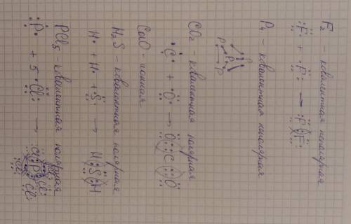 Определите вид связи в следующих веществах : f2, p4, co2, cao, h2s ,pcl5. для ковалентных соединений