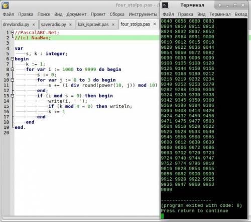 Вывести через программу паскаль в 4 столбика все четырехзначные числа, которые делятся на сумму свои