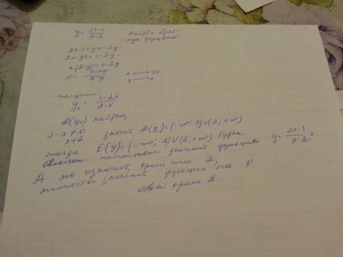 Кроме каких чисел множество значений функции y=(2x-1)/(x-2) есть r