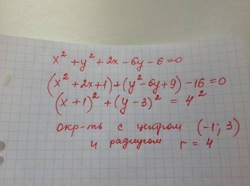 Найти радиус и центр окружности x^2+y^2+2x-6y-6=0