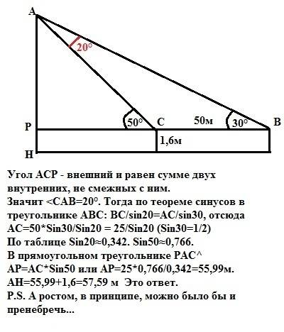 Из двух точек a и b, расстояние между которыми 50 м, вершину горы видно под углами 50° и 30°. найдит