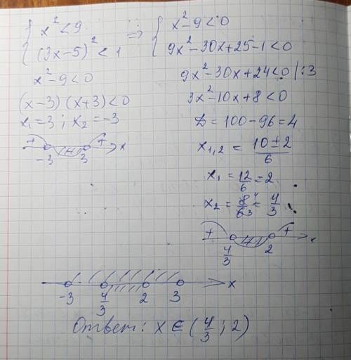 1)x^2< 9; (3x-5)^2< 1 решите систему