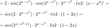 =2\cdot sin(2^{x-x^2})\cdot cos(2^{x-x^2})\cdot 2^{x-x^2}\cdot ln2\cdot (x-x^2)'=\\\\=sin(2\cdot 2^{x-x^2})\cdot 2^{x-x^2}\cdot ln2\cdot (1-2x)=\\\\=sin(2^{x-x^2+1})\cdot 2^{x-x^2}\cdot ln2\cdot (1-2x)