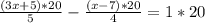 \frac{(3x+5)*20}{5}-\frac{(x-7)*20}{4}=1*20