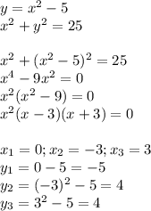 y=x^2-5 \\ x^2+y^2=25 \\ \\ x^2+(x^2-5)^2=25 \\ x^4-9x^2=0 \\ x^2(x^2-9)=0 \\ x^2(x-3)(x+3)=0 \\ \\ x_1=0; x_2=-3;x_3=3 \\ y_1=0-5=-5 \\ y_2=(-3)^2-5=4 \\ y_3=3^2-5=4