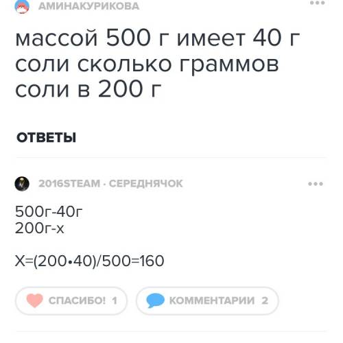 Врастворе массой 500 имеется 40 г соли. сколько граммов соли в 200 г этого же раствора?