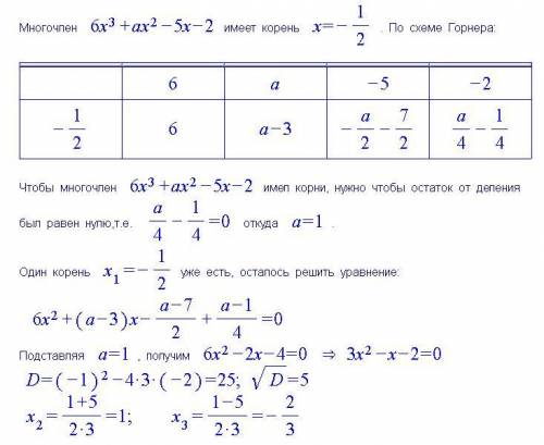 Найти все корни многочлена 6x^3+ax^2-5x-2, если одним из них является число -1/2