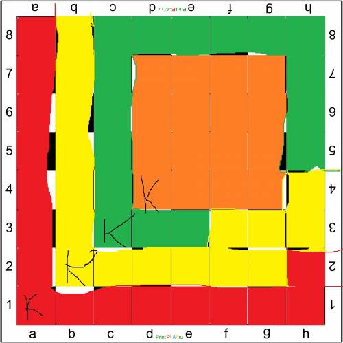 На шахматной доске стоит 4 коня – на a1, b2, c3 и d4. надо разрезать доску на 4 равные конюшни так,