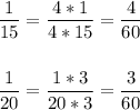 \displaystyle \frac{1}{15}=\frac{4*1}{4*15}=\frac{4}{60}\\\\\\\frac{1}{20}=\frac{1*3}{20*3}=\frac{3}{60}