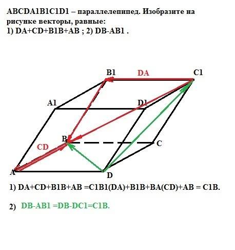 Abcda1b1c1d1 – параллелепипед. изобразите на рисунке векторы, равные: 1) da+cd+b1b+ab ; 2) db-ab1 .