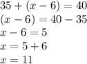 35+(x-6)=40 \\ (x-6)=40-35 \\ x-6=5 \\ x=5+6 \\ x=11