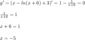 y'=(x-ln(x+6)+3)'=1- \frac{1}{x+6} =0 \\ \\ \frac{1}{x+6} =1 \\ \\ x+6=1 \\ \\ x=-5