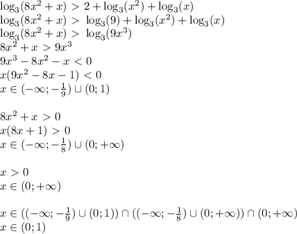 \log_3(8x^2+x) \ \textgreater \ 2 + \log_3(x^2) + \log_3(x)\\&#10;\log_3(8x^2+x) \ \textgreater \ \log_3(9) + \log_3(x^2) + \log_3(x)\\&#10;\log_3(8x^2+x) \ \textgreater \ \log_3(9x^3) \\&#10;8x^2+x \ \textgreater \ 9x^3\\&#10;9x^3-8x^2-x\ \textless \ 0\\&#10;x(9x^2-8x-1) \ \textless \ 0\\&#10;x \in (-\infty; -\frac{1}{9}) \cup (0;1)\\\\&#10;8x^2+x \ \textgreater \ 0\\&#10;x(8x+1) \ \textgreater \ 0\\&#10;x \in (-\infty; -\frac{1}{8}) \cup (0; +\infty)\\\\&#10;x \ \textgreater \ 0\\&#10;x \in (0; +\infty)\\\\&#10;x \in ((-\infty; -\frac{1}{9}) \cup (0;1)) \cap ((-\infty; -\frac{1}{8}) \cup (0; +\infty)) \cap (0; +\infty)\\&#10;x \in (0;1)