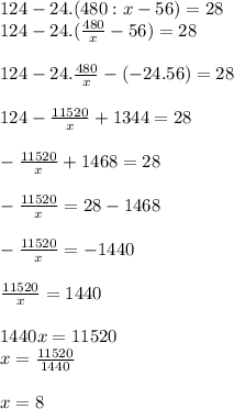 124 - 24.(480 : x - 56) = 28 \\\ 124 - 24.(\frac{480}{x} - 56) = 28 \\\\ 124 - 24.\frac{480}{x} - (-24.56) = 28 \\\\ 124 - \frac{11520}{x} + 1344 = 28 \\\\ - \frac{11520}{x} + 1468 = 28 \\\\ - \frac{11520}{x} = 28 - 1468 \\\\ - \frac{11520}{x} = - 1440 \\\\ \frac{11520}{x} = 1440 \\\\ 1440x = 11520 \\\ x = \frac{11520}{1440} \\\\ x = 8