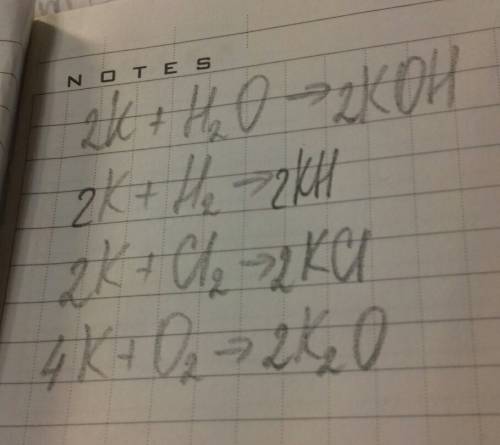 Напишите реакции взаимодействия калия: 1)с водой 2) с водородом 3)с хлором 4) с ))