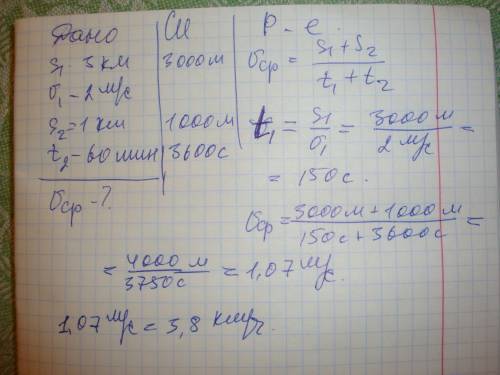 Лыжник проходил путь 3 км со скоростью 2 м/с.спускаясь с горы,он проходит путь 1 км за 60 мин.найдит