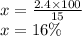 x = \frac{2.4 \times 100}{15} \\ x = 16\%