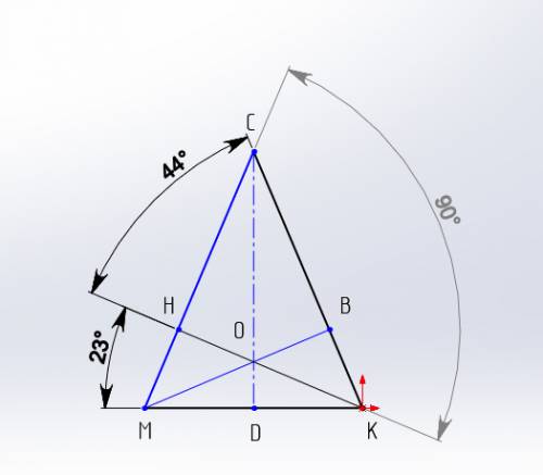 Втреугольнике скм высота кн делить угол к на два угла, причём угол скн = 23 градусам, угол нкм = 44