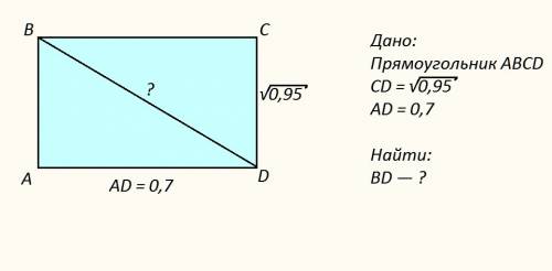 Впрямоугольнике abcd найдите: bd, если cd =корень из 0,95 и ad= 0,7