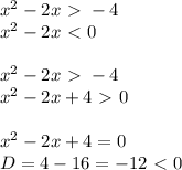 x^2-2x\ \textgreater \ -4 \\ x^2-2x\ \textless \ 0 \\ \\ x^2-2x\ \textgreater \ -4 \\ x^2-2x+4\ \textgreater \ 0 \\ \\ x^2-2x+4=0 \\ D=4-16=-12\ \textless \ 0